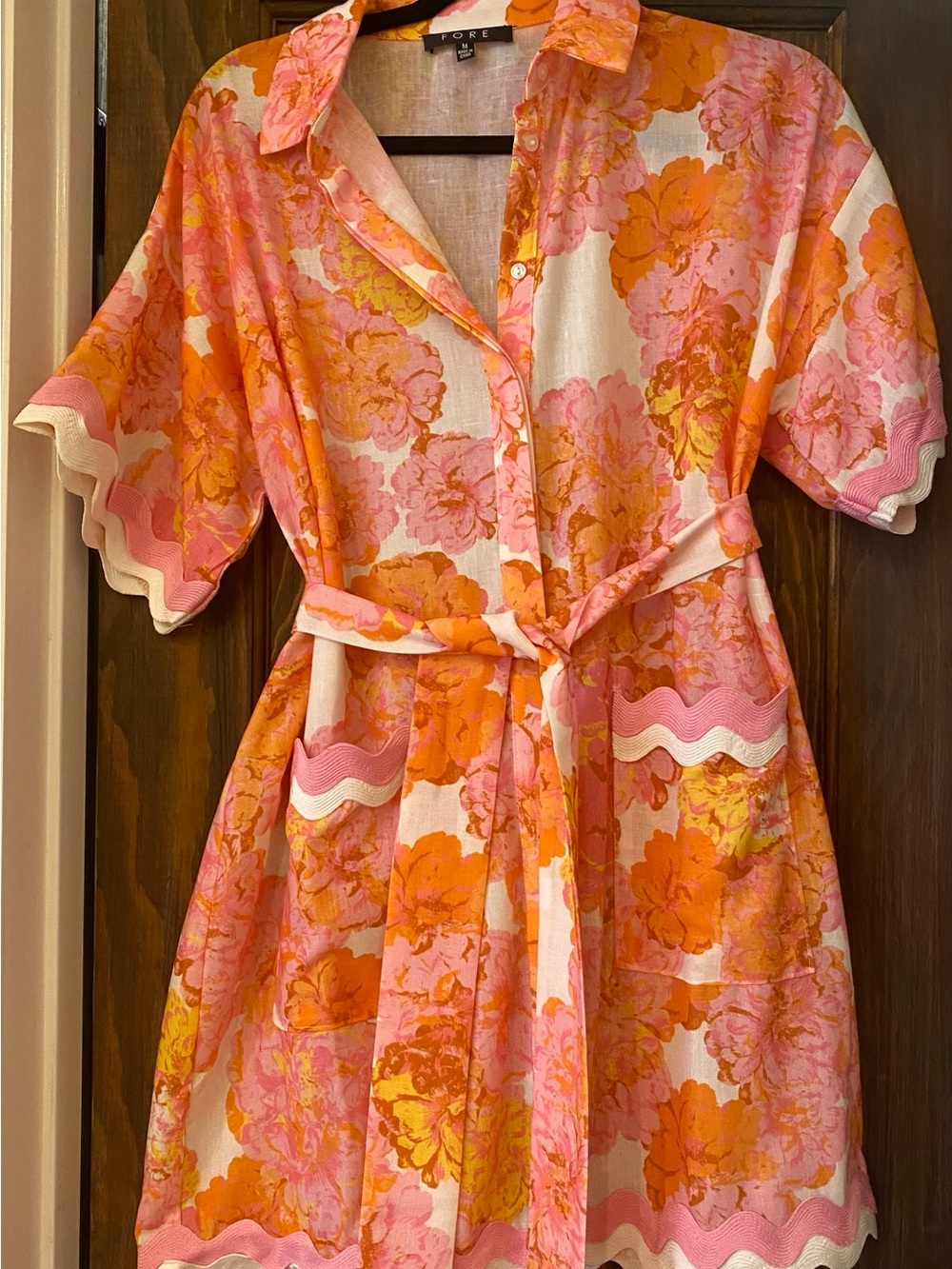 FORE Floral Tie-Waist Midi Dress in Pink & Orange